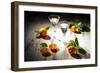 Two Antique Liqueur Glasses with Orange Liqueur and Small Oranges on White Wooden Table-Jana Ihle-Framed Photographic Print