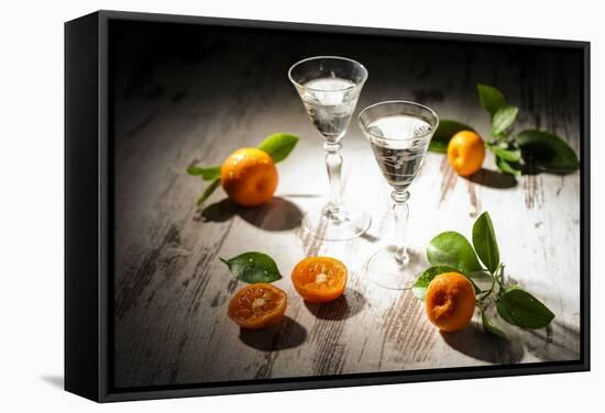 Two Antique Liqueur Glasses with Orange Liqueur and Small Oranges on White Wooden Table-Jana Ihle-Framed Stretched Canvas