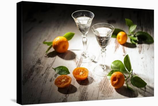 Two Antique Liqueur Glasses with Orange Liqueur and Small Oranges on White Wooden Table-Jana Ihle-Stretched Canvas