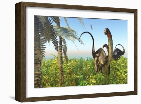 Two Apatosaurus Dinosaurs in a Lush Cretaceous Jungle-null-Framed Art Print