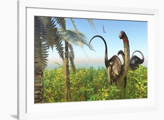 Two Apatosaurus Dinosaurs in a Lush Cretaceous Jungle-null-Framed Art Print