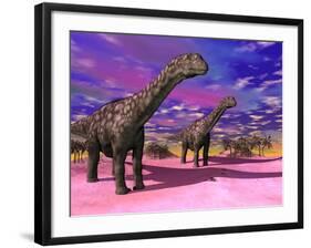 Two Argentinosaurus Dinosaurs in a Prehistoric Landscape-null-Framed Art Print