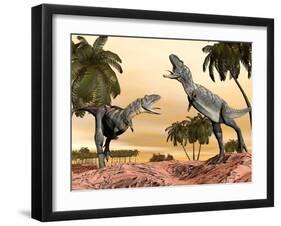 Two Aucasaurus Dinosaurs Fighting in Desert-null-Framed Art Print