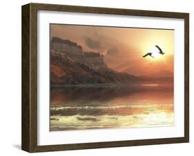 Two Bald Eagles Fly Along a Mountainous Coastline at Sunset-Stocktrek Images-Framed Photographic Print