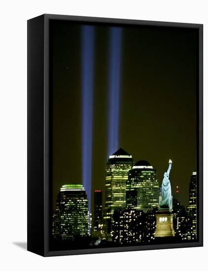 Two Beams of Light Light up the Sky Above Manhattan from Near the Site of the World Trade Center-null-Framed Stretched Canvas