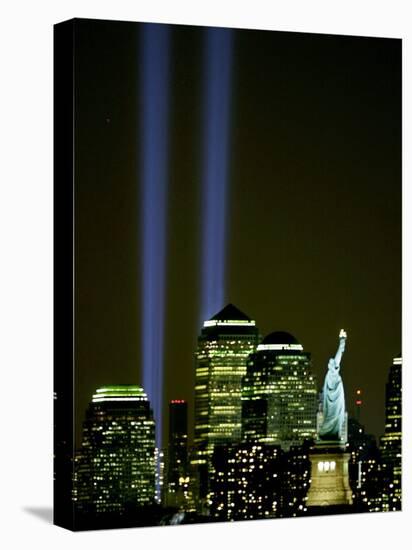 Two Beams of Light Light up the Sky Above Manhattan from Near the Site of the World Trade Center-null-Stretched Canvas