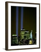 Two Beams of Light Light up the Sky Above Manhattan from Near the Site of the World Trade Center-null-Framed Photographic Print