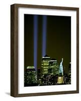 Two Beams of Light Light up the Sky Above Manhattan from Near the Site of the World Trade Center-null-Framed Photographic Print