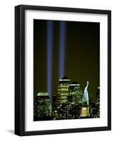 Two Beams of Light Light up the Sky Above Manhattan from Near the Site of the World Trade Center-null-Framed Photographic Print