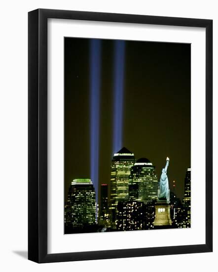 Two Beams of Light Light up the Sky Above Manhattan from Near the Site of the World Trade Center-null-Framed Photographic Print