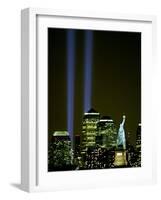 Two Beams of Light Light up the Sky Above Manhattan from Near the Site of the World Trade Center-null-Framed Photographic Print