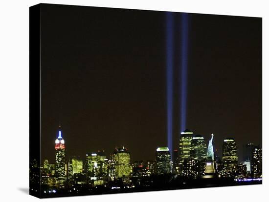 Two Beams of Light Light up the Sky Above Manhattan-null-Stretched Canvas