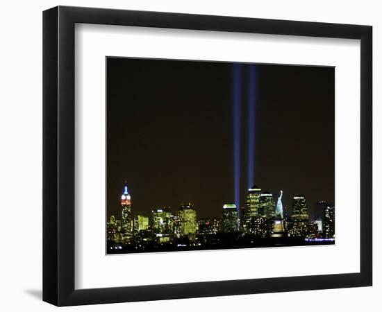 Two Beams of Light Light up the Sky Above Manhattan-null-Framed Photographic Print