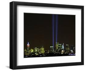 Two Beams of Light Light up the Sky Above Manhattan-null-Framed Photographic Print