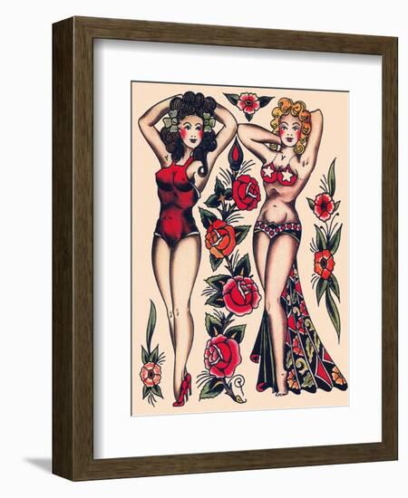 Two Beautiful Women, Authentic Vintage Tatooo Flash by Norman Collins, aka, Sailor Jerry-Piddix-Framed Art Print