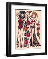 Two Beautiful Women, Authentic Vintage Tatooo Flash by Norman Collins, aka, Sailor Jerry-Piddix-Framed Art Print