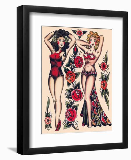 Two Beautiful Women, Authentic Vintage Tatooo Flash by Norman Collins, aka, Sailor Jerry-Piddix-Framed Art Print