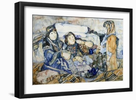 Two Bedouins Drinking Tea, Watercolor by Soubhi Abdul Naef from Countryside around Euphrates-null-Framed Giclee Print