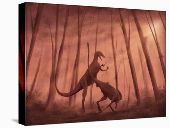 Two Bicentenaria Argentina Dinosaurs Fighting in the Woods-null-Stretched Canvas