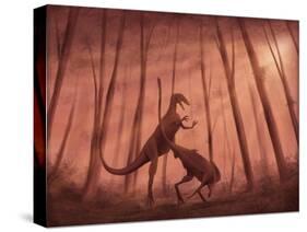 Two Bicentenaria Argentina Dinosaurs Fighting in the Woods-null-Stretched Canvas