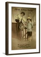 Two Boys at a Garden Gate on a Birthday Postcard-null-Framed Art Print