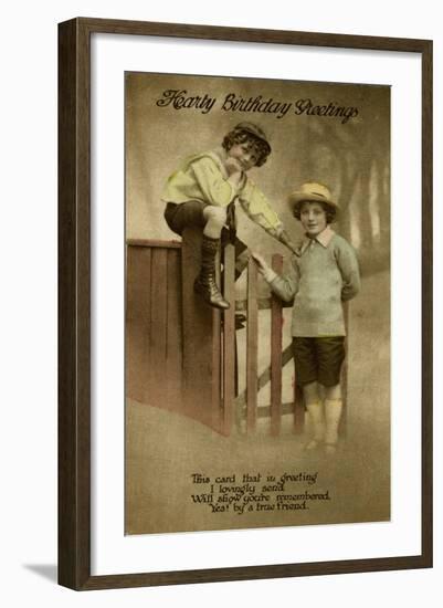 Two Boys at a Garden Gate on a Birthday Postcard-null-Framed Art Print