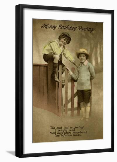 Two Boys at a Garden Gate on a Birthday Postcard-null-Framed Art Print