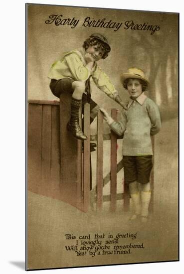 Two Boys at a Garden Gate on a Birthday Postcard-null-Mounted Art Print