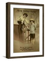 Two Boys at a Garden Gate on a Birthday Postcard-null-Framed Art Print