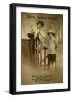 Two Boys at a Garden Gate on a Birthday Postcard-null-Framed Art Print