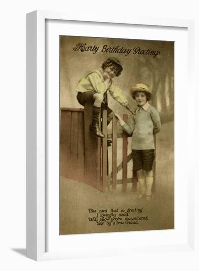 Two Boys at a Garden Gate on a Birthday Postcard-null-Framed Art Print