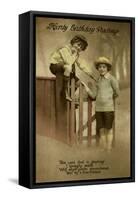 Two Boys at a Garden Gate on a Birthday Postcard-null-Framed Stretched Canvas