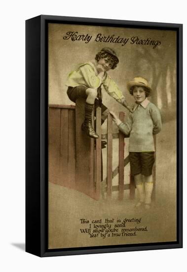 Two Boys at a Garden Gate on a Birthday Postcard-null-Framed Stretched Canvas