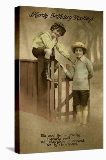 Two Boys at a Garden Gate on a Birthday Postcard-null-Stretched Canvas
