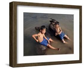 Two Boys Bathe with Their Water Buffalo in the Mekong River, Eastern Cambodia, Indochina-Andrew Mcconnell-Framed Photographic Print