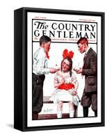 "Two Boys Bringing Girl Ice Cream," Country Gentleman Cover, July 5, 1924-George Brehm-Framed Stretched Canvas