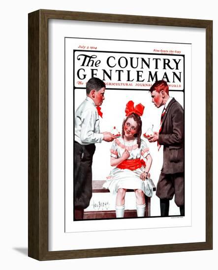 "Two Boys Bringing Girl Ice Cream," Country Gentleman Cover, July 5, 1924-George Brehm-Framed Giclee Print