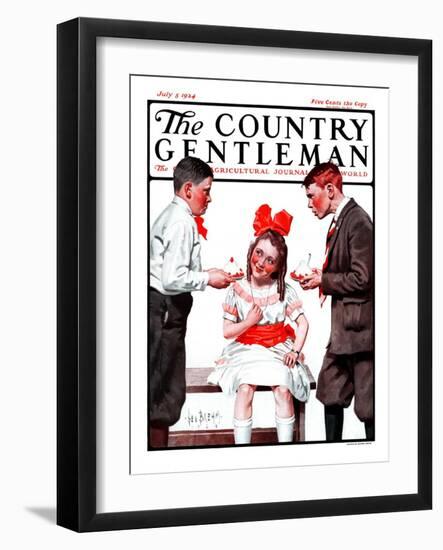 "Two Boys Bringing Girl Ice Cream," Country Gentleman Cover, July 5, 1924-George Brehm-Framed Giclee Print