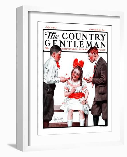 "Two Boys Bringing Girl Ice Cream," Country Gentleman Cover, July 5, 1924-George Brehm-Framed Giclee Print