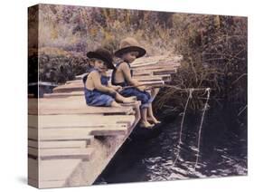 Two Boys Fishing Off of Bridge-Nora Hernandez-Stretched Canvas