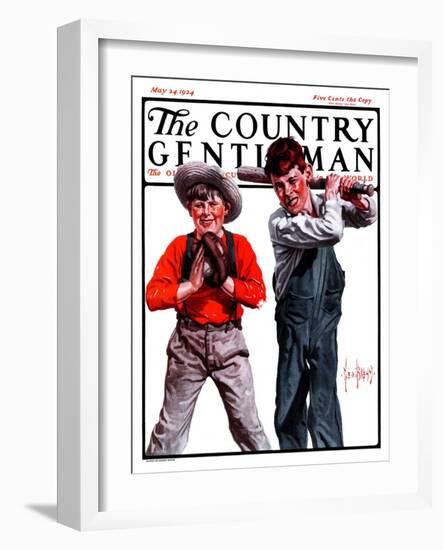 "Two Boys Playing Baseball," Country Gentleman Cover, May 24, 1924-George Brehm-Framed Giclee Print