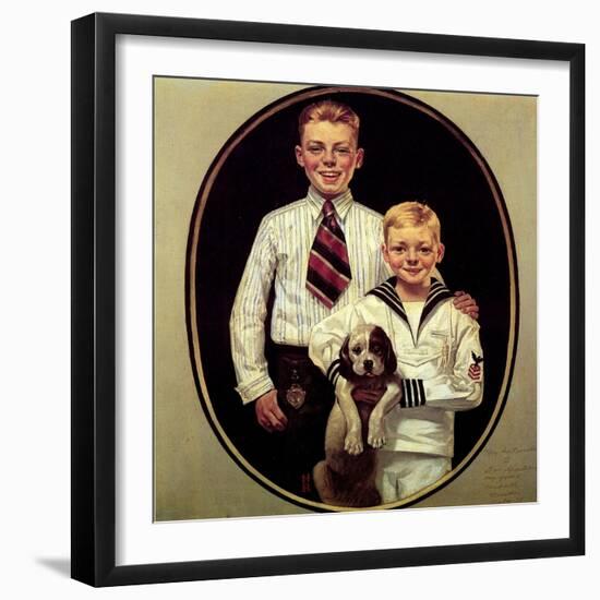 Two Boys with Dog-Norman Rockwell-Framed Giclee Print