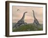 Two Brachiosaurus Dinosaurs Fighting-null-Framed Art Print