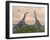 Two Brachiosaurus Dinosaurs Fighting-null-Framed Art Print