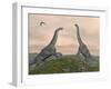 Two Brachiosaurus Dinosaurs Fighting-null-Framed Art Print