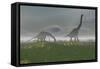 Two Brachiosaurus Dinosaurs Grazing in the Mist-null-Framed Stretched Canvas