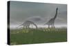 Two Brachiosaurus Dinosaurs Grazing in the Mist-null-Stretched Canvas