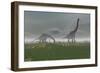 Two Brachiosaurus Dinosaurs Grazing in the Mist-null-Framed Art Print