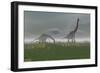 Two Brachiosaurus Dinosaurs Grazing in the Mist-null-Framed Art Print