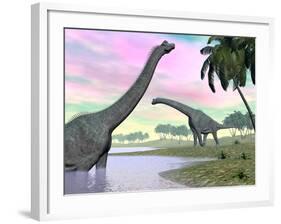 Two Brachiosaurus Dinosaurs in Landscape with Water and Palm Trees-null-Framed Art Print